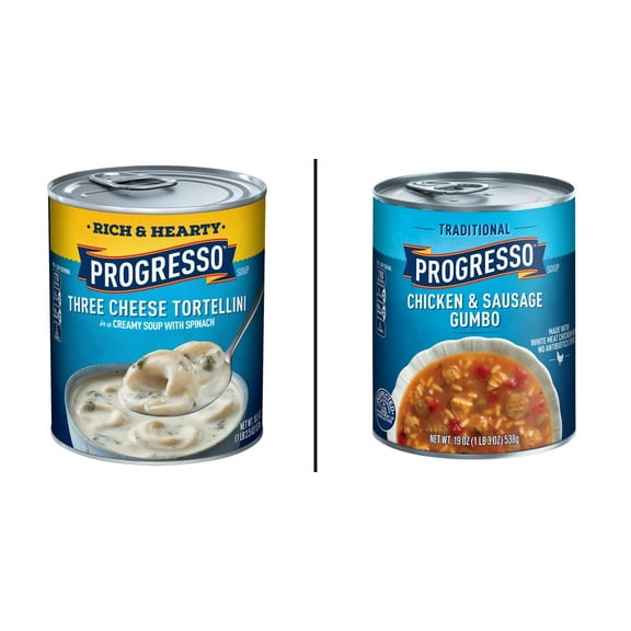 Progresso Rich & Hearty Three Cheese Tortellini 18.5 oz & Progresso Traditional Chicken & Sausagr 19 oz