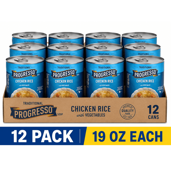 Progresso Traditional Chicken Rice Soup with Vegetables, 19 oz Cans, 12 Pack Ready-to-Eat Hearty Soup