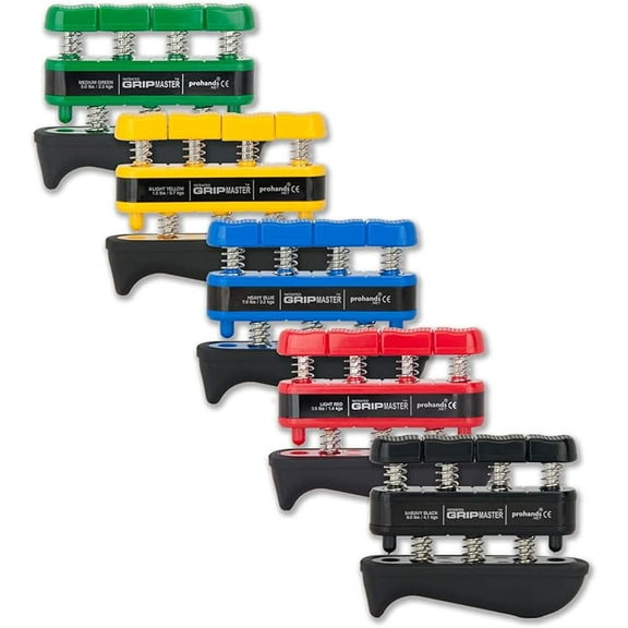 Prohands Gripmaster Rehab Hand Exerciser, Finger Exerciser (Hand Grip Strengthener), Spring-Loaded, Finger-Piston System, Added Palm Cushion, (Set of 5) (Yellow, Red, Green, Blue, Black)