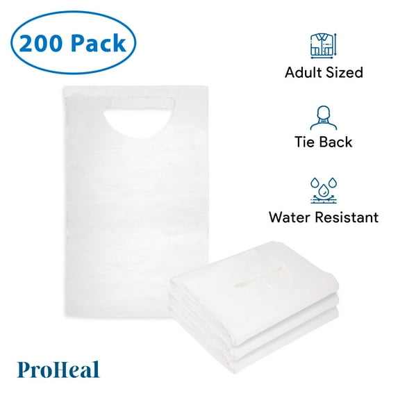 Proheal Disposable Adult Bibs, 200 Pack - Tie Back, 16" x 33" - Absorbent Tissue Front with Water Resistant Polyester Backing