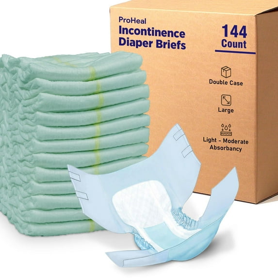 Proheal Disposable Adult Diaper Briefs (144 Pack, L) Light-Moderate Incontinence Absorbency
