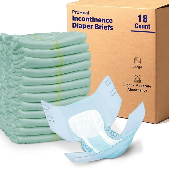 Proheal Disposable Adult Diaper Briefs (18 Pack, L) Light-Moderate Incontinence Absorbency