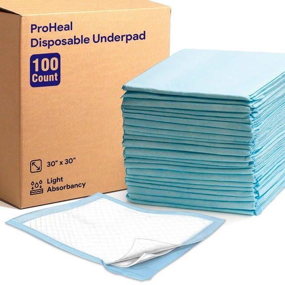 Proheal Disposable Light Absorbent Underpads (100 Pack) 30" x 30", Incontinence Chux Bed Pads