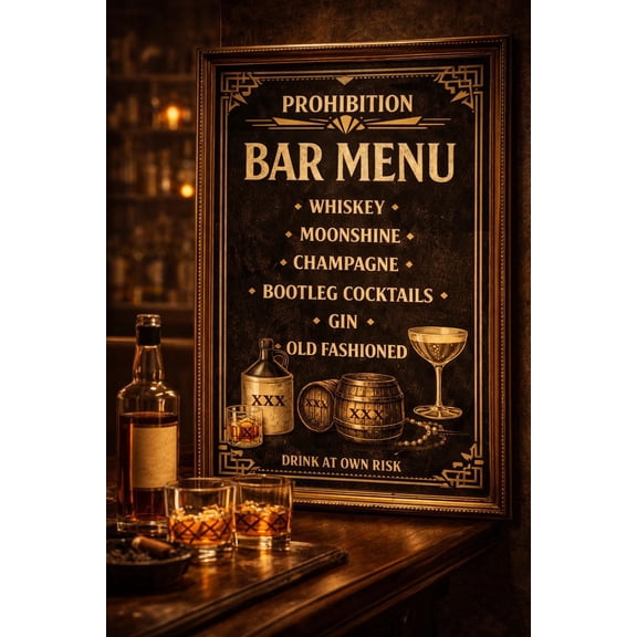 Prohibition Bar Menu Poster, 1920s Gatsby Decor, Speakeasy Bar Sign, Vintage Cocktail Wall Art, Poster Only