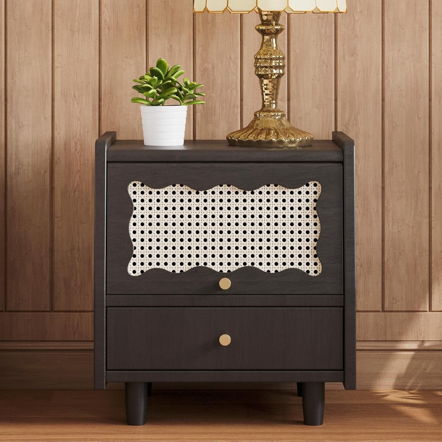 Prohonbec Modern Bohemian Wooden Nightstand with Rattan-Woven Flip Top ...