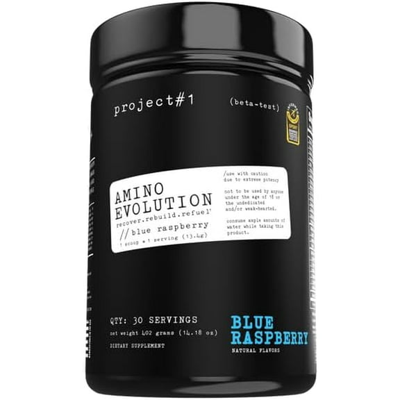 Project #1 Amino Evolution: Muscle Recovery with BCAA & EAA Powder, Blue Raspberry Flavor, 30 Serv