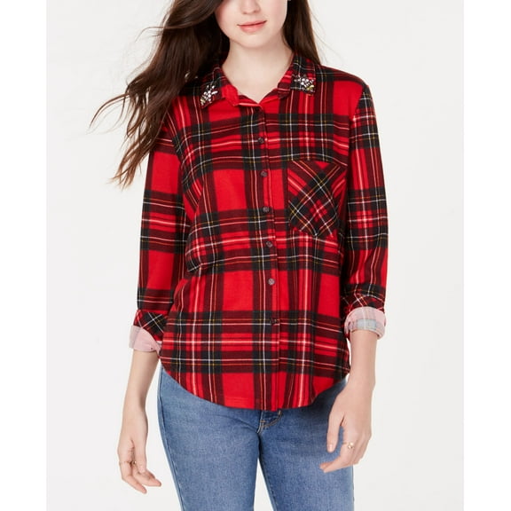 Project 28 Nyc Juniors Embellished Plaid Button Up Shirt Red XL
