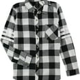thumbnail image 1 of Project 28 Womens 3 stripe Varsity Plaid Button Up Shirt, Black, Medium, 1 of 1