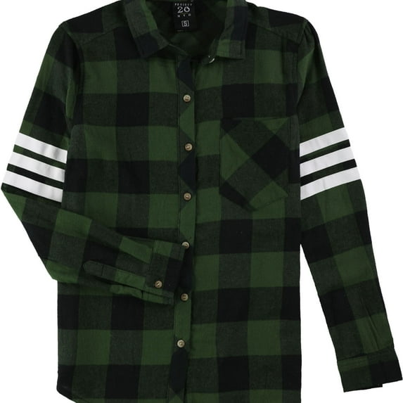 Project 28 Womens 3 stripe Varsity Plaid Button Up Shirt, Green, X-Large