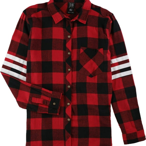 Project 28 Womens 3 stripe Varsity Plaid Button Up Shirt, Red, Medium