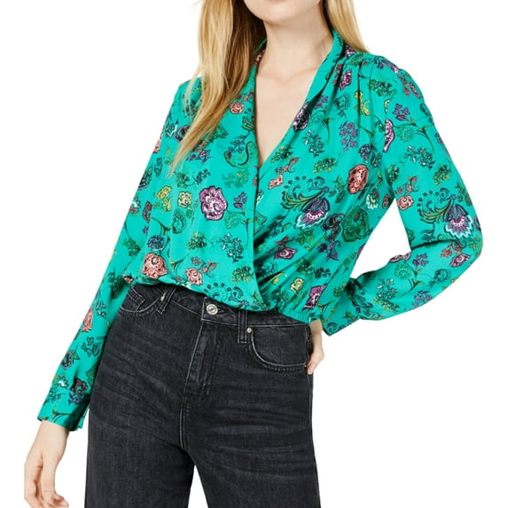 Project 28 Womens Faux Wrap Knit Blouse, Green, Medium