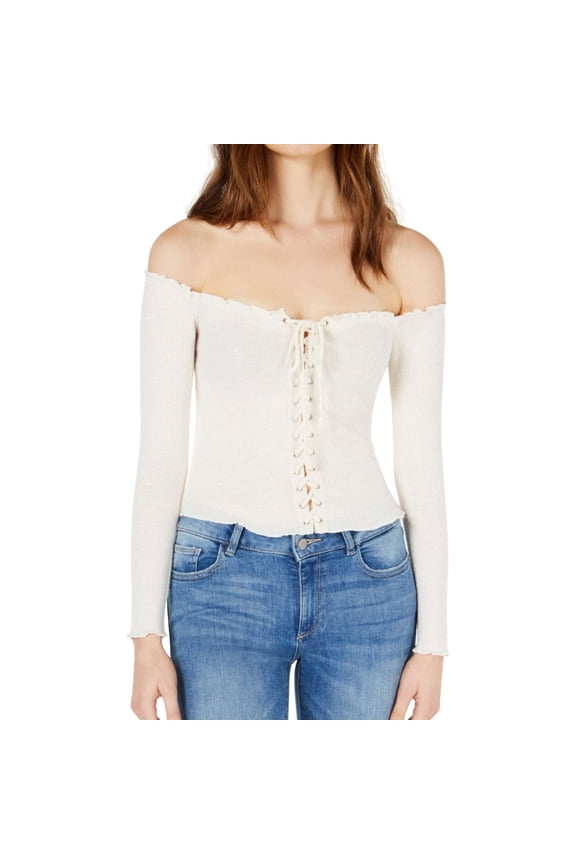 Project 28 Womens Lace-Up Off the Shoulder Blouse, Off-White, Large