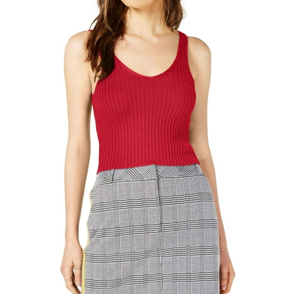Project 28 Womens Ribbed Knit Cropped Tank Top, Red, Medium