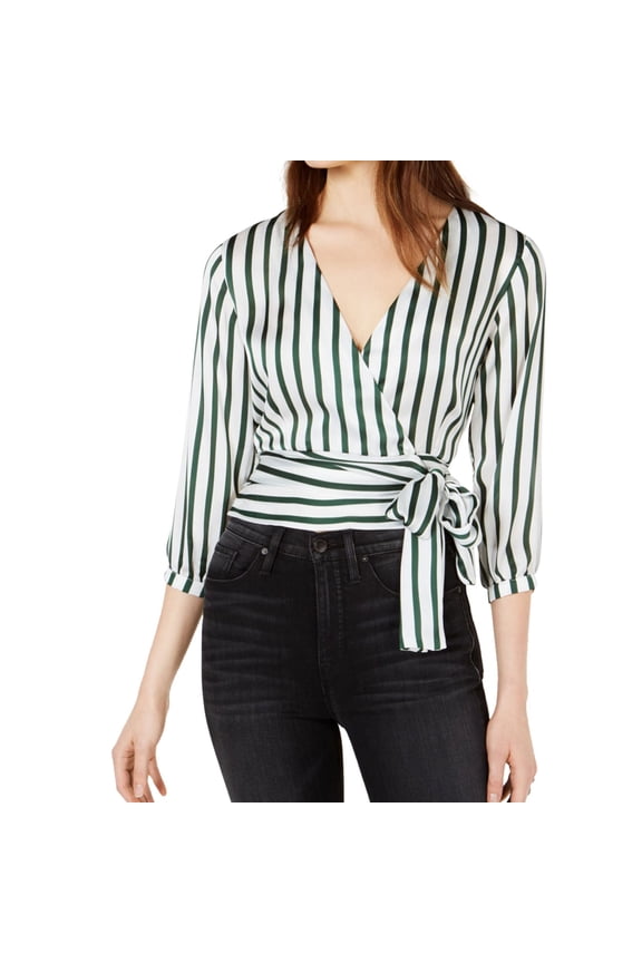 Project 28 Womens Striped Wrap Blouse, Green, Large