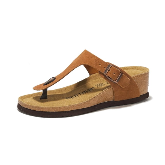 Project Cloud 100% Genuine Leather Womens Sandals Wedge Arizona Sandals Women - Wedge Sandals & Slippers - Memory Foam - Women footwear Beach Essentials, T-Strap Wedges (Belize, Chestnut, 7.5)
