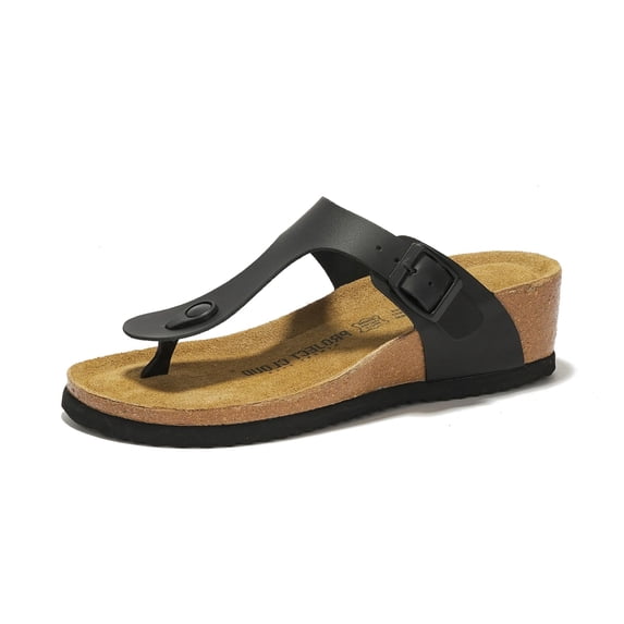 Project Cloud 100% Genuine Leather Womens Sandals Wedge Arizona Sandals Women - Wedge Sandals & Slippers - Memory Foam - Women footwear Beach Essentials, T-Strap Wedges (Belize, Black, 5.5)
