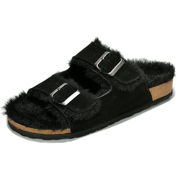 Project Cloud Women's Sandals Comfort Footbed Suede Fur Lined Cork Wedge Adjustable Buckle Slip On Slide Sandal Mule for House Slipper for women Indoor and Outdoor (Black, 5.5)