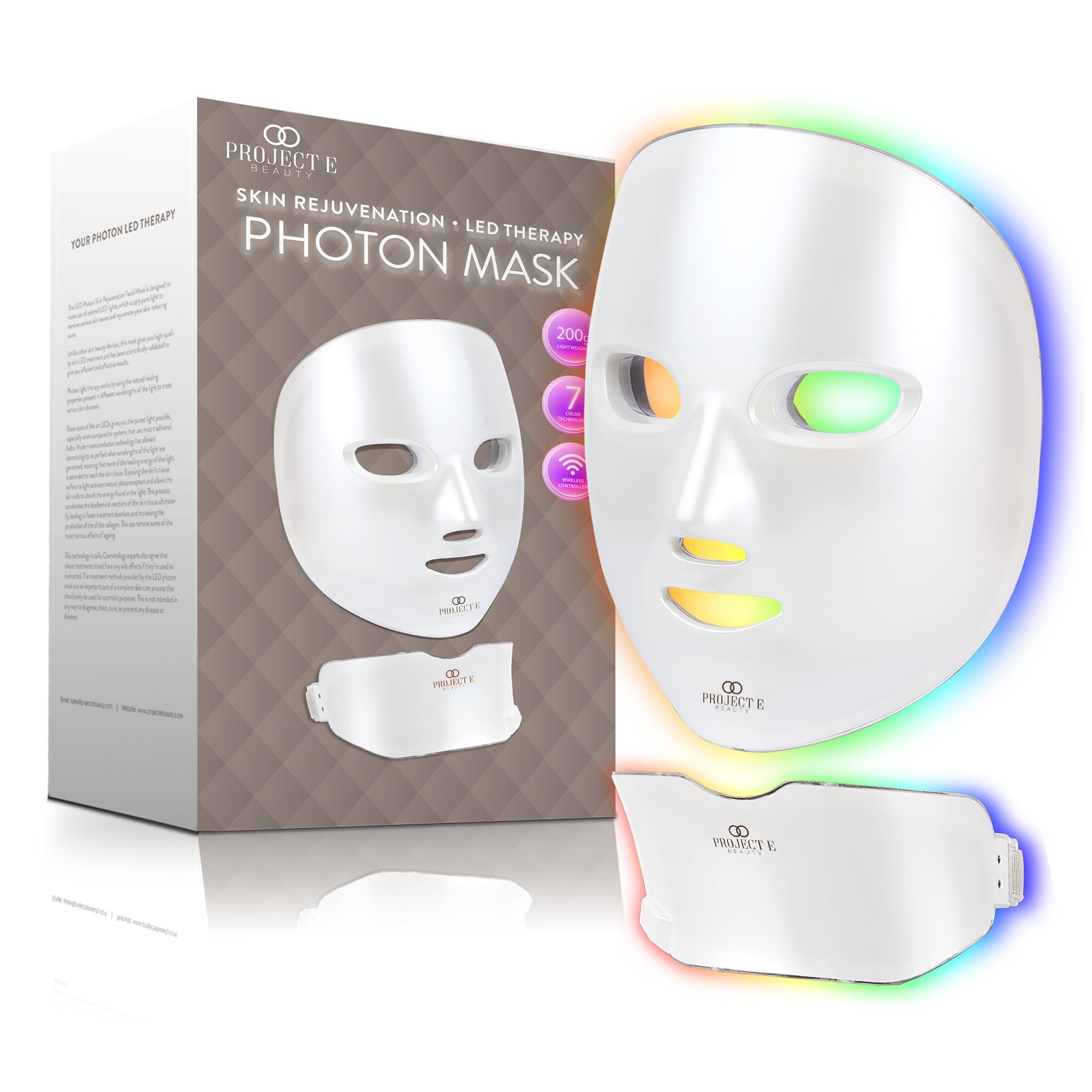 Project E Beauty Wireless 7 Color LED Mask Neck Photon Light Skin Rejuvenation Therapy Facial Skin Care Mask