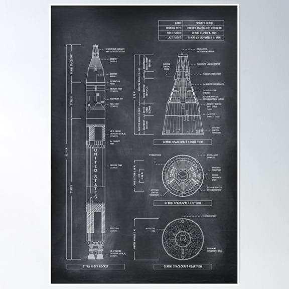 Project Gemini - Crewed Spaceflight Program (Chalkboard. Vertical) Poster Wall Art, Modern Wall Decor, 8x12 UNFRAMED