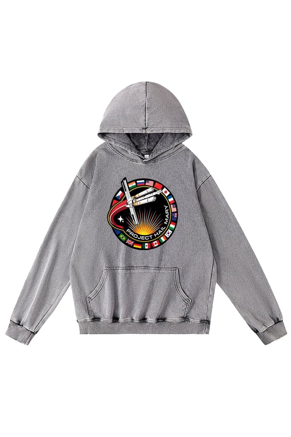 Project Hail Mary Movie Mission Patch Space Vintage Wash Hoodie - Unisex Cotton Pullover Sweatshirt Casual Streetwear Top for Sci-Fi Movie Fans Gift Merch