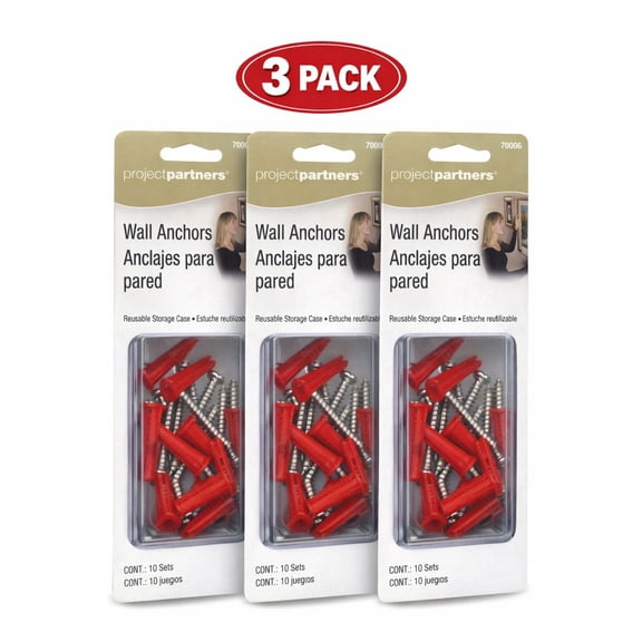 Project Partners Anchor Kit  Wall Anchors & Screws, Reusable Storage Case, 3 Pack (30 Sets + 30 Drive Anchors Total)