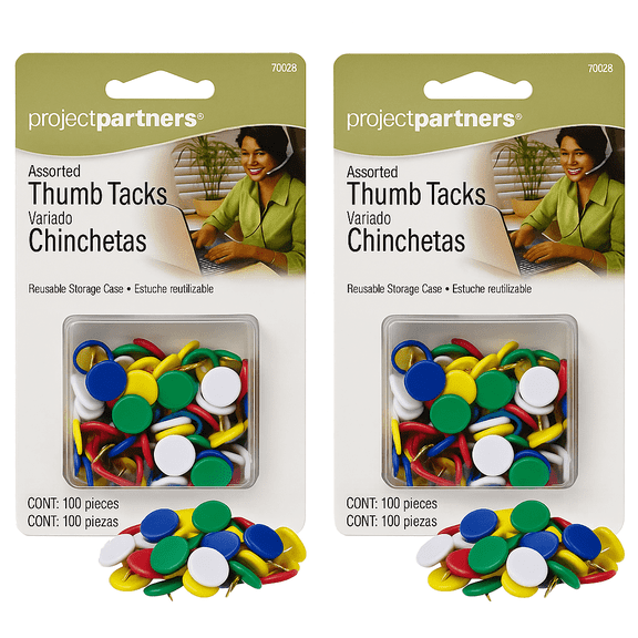 Project Partners Assorted Thumb Tacks, 200 Pieces, 2 Pack with Reusable Storage Case