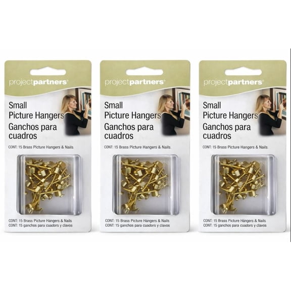 Project Partners Small Picture Hangers with Nails, Brass-Plated Hardware 3 Pack (45 Hangers Total)