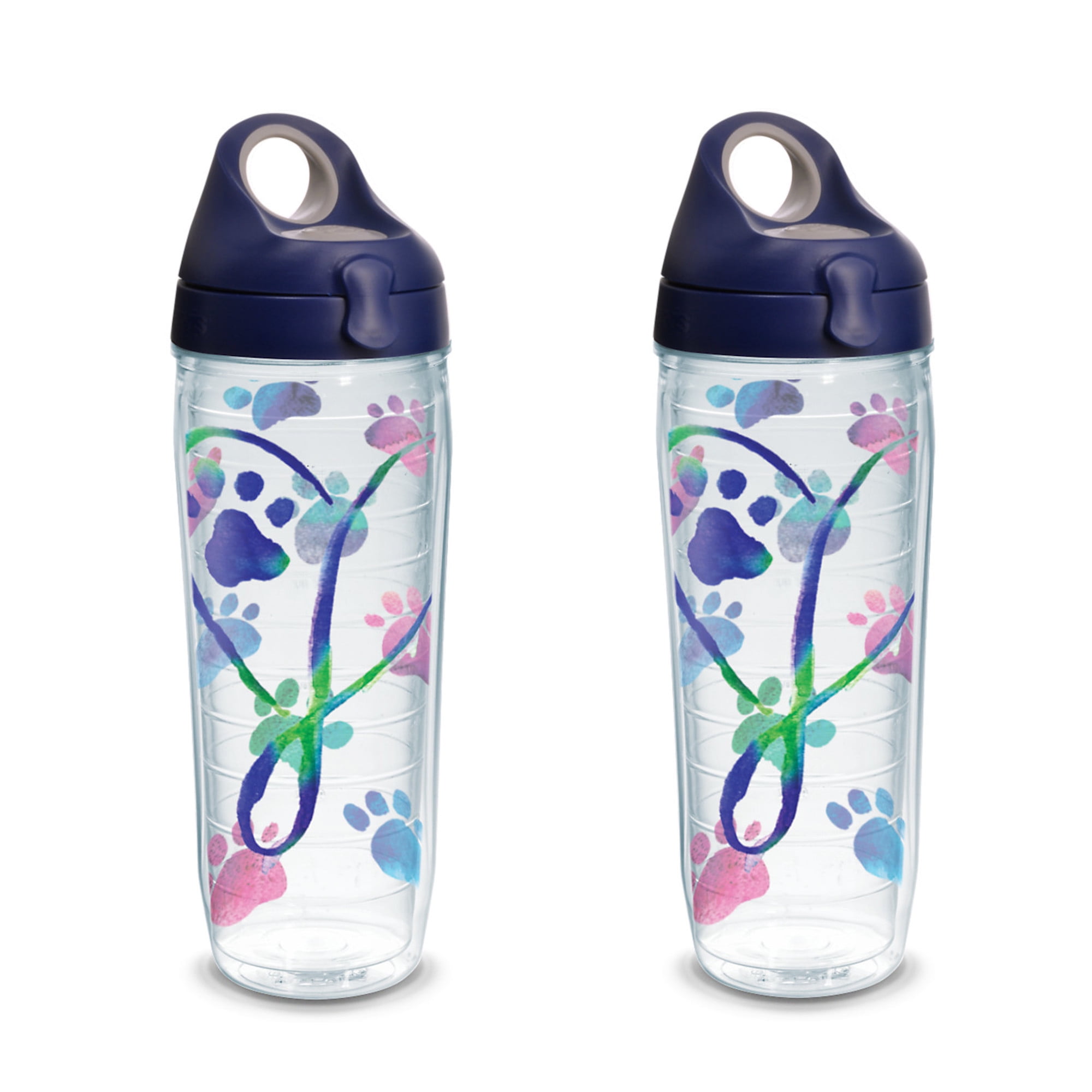 Project Paws Dog Paws Script Heart 24 oz Water Bottle with Lid, 2 Pack