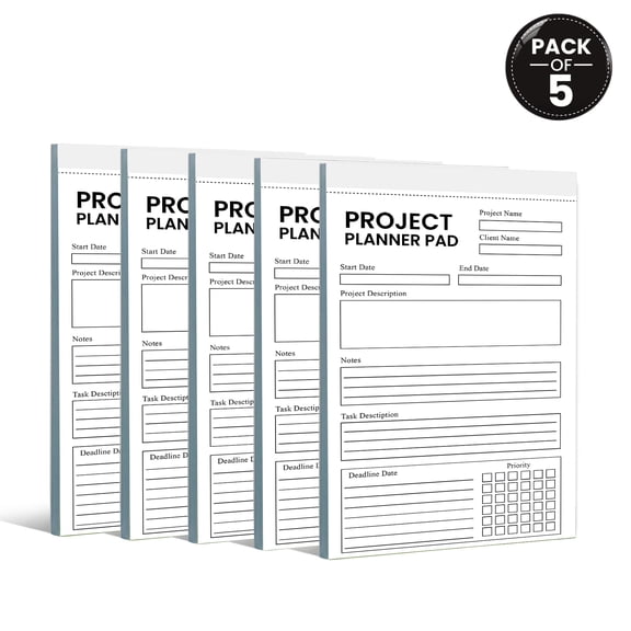 Project Planner Pad 5.5 x 8.5 Inch, Pack of 5 Project Planning Notepads, Project Management Planner, Task Organizer, Goal & Deadline Tracker, 50 Sheets Per Pad, Made in USA