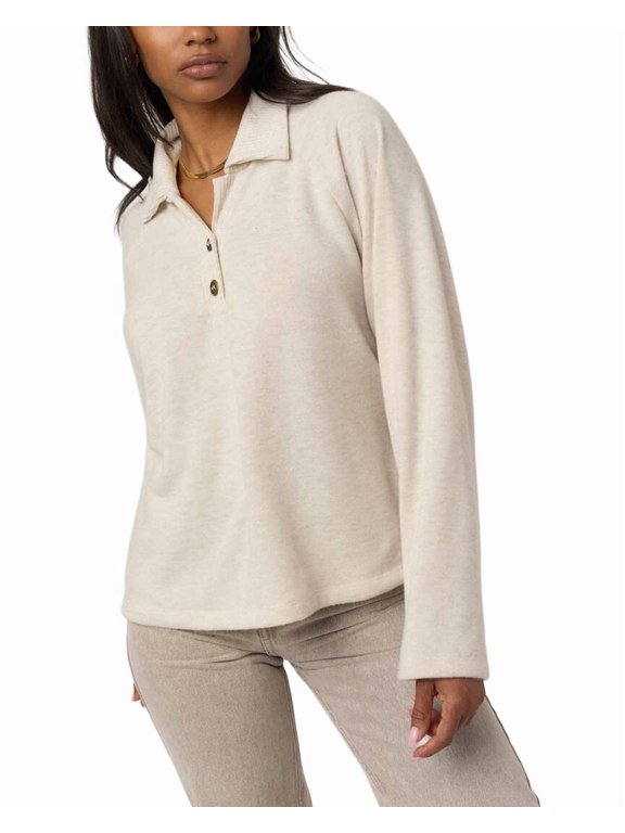 womens Enzo Cozy Collared Henley Sweatshirt, m, Brown