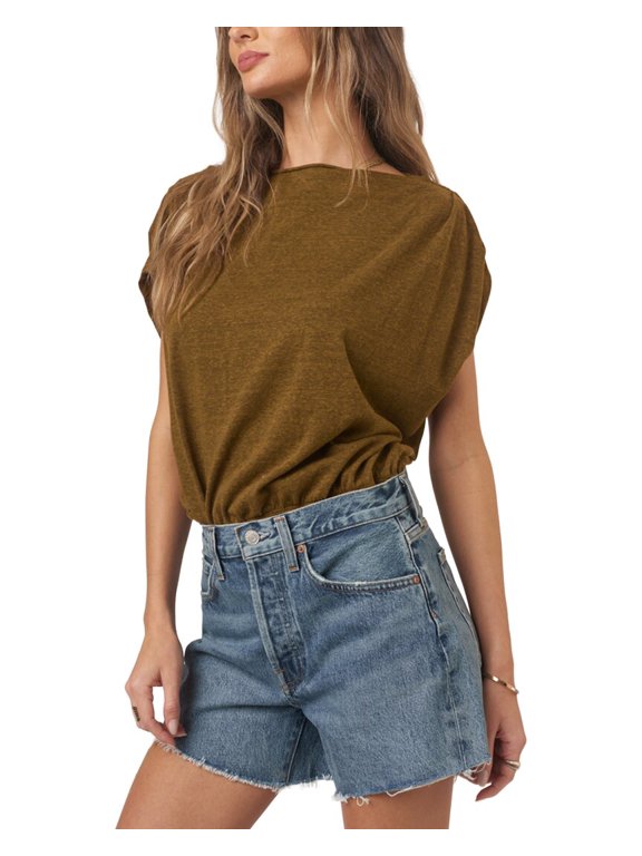 womens Estelle Heathered Pleated Shoulder Top, s, Orange