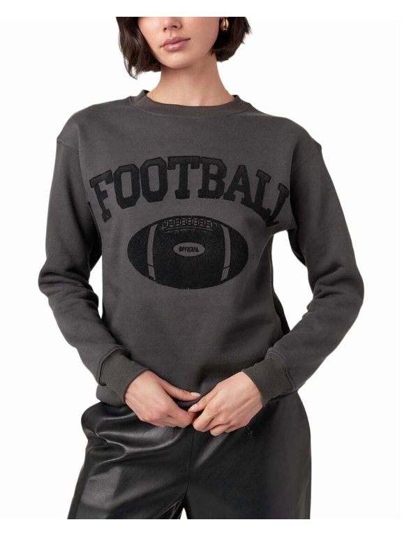 womens Flocked Football Washed Black Swe, l, Black