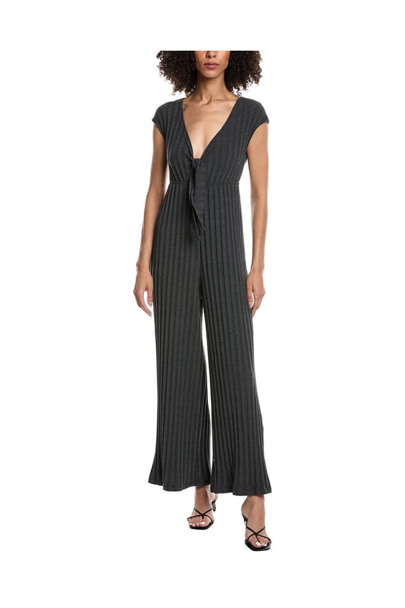 womens Lowa Tie Front Rib Jumpsuit, l, Black