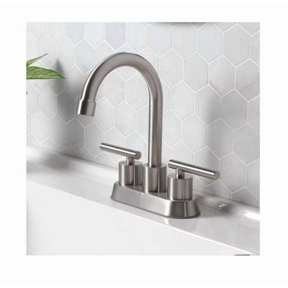 Project Source Larton Brushed Nickel 4-in centerset 2-handle WaterSense High-arc Residential Handle Bathroom Sink Faucet with Drain with Deck Plate