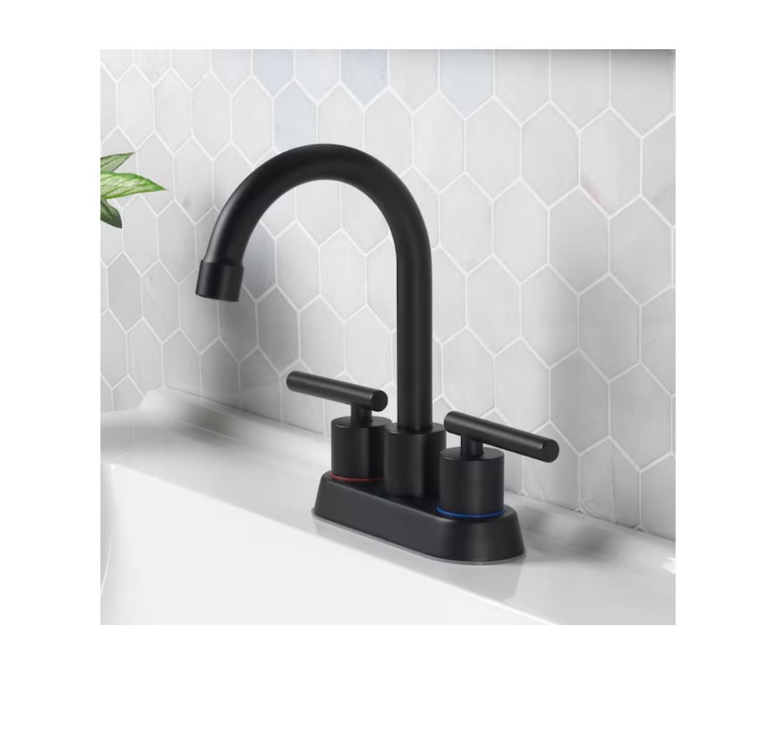 Project Source Larton Matte Black 4-in centerset 2-handle WaterSense High-arc Residential Handle Bathroom Sink Faucet with Drain with Deck Plate