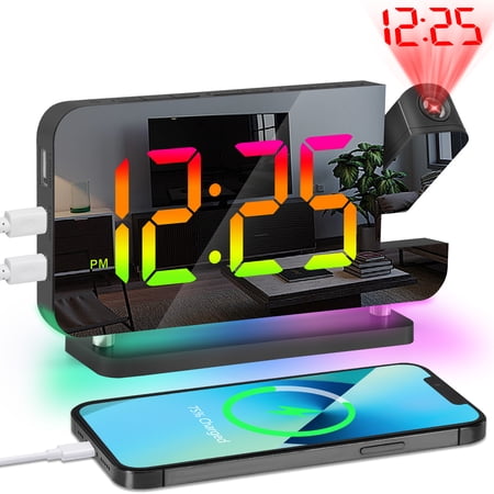 Projection Alarm Clock, 7.4" LED Mirror Digital Clocks Large Display,with 180° Rotatable Projector,RGB Night Light,USB C Port,Auto Dimmer, Loud Desk Clock for Heavy Sleeper Bedroom Ceiling Wall,Black