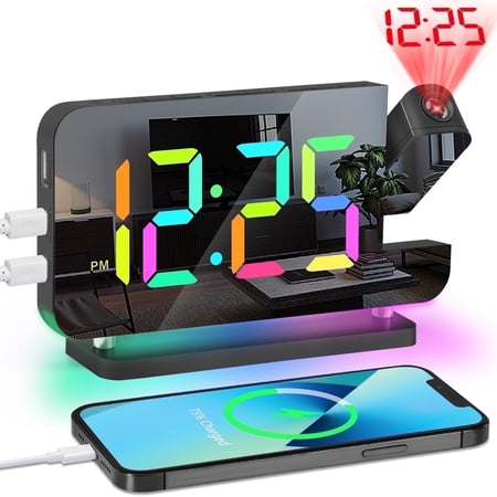 Projection Alarm Clock 7.4" LED Projection Clocks for Bedroom Digital Clock with 180° Rotatable Projector, Battery Backup, USB Charger Ports, Large Display Alarm Clock Projection on Ceiling