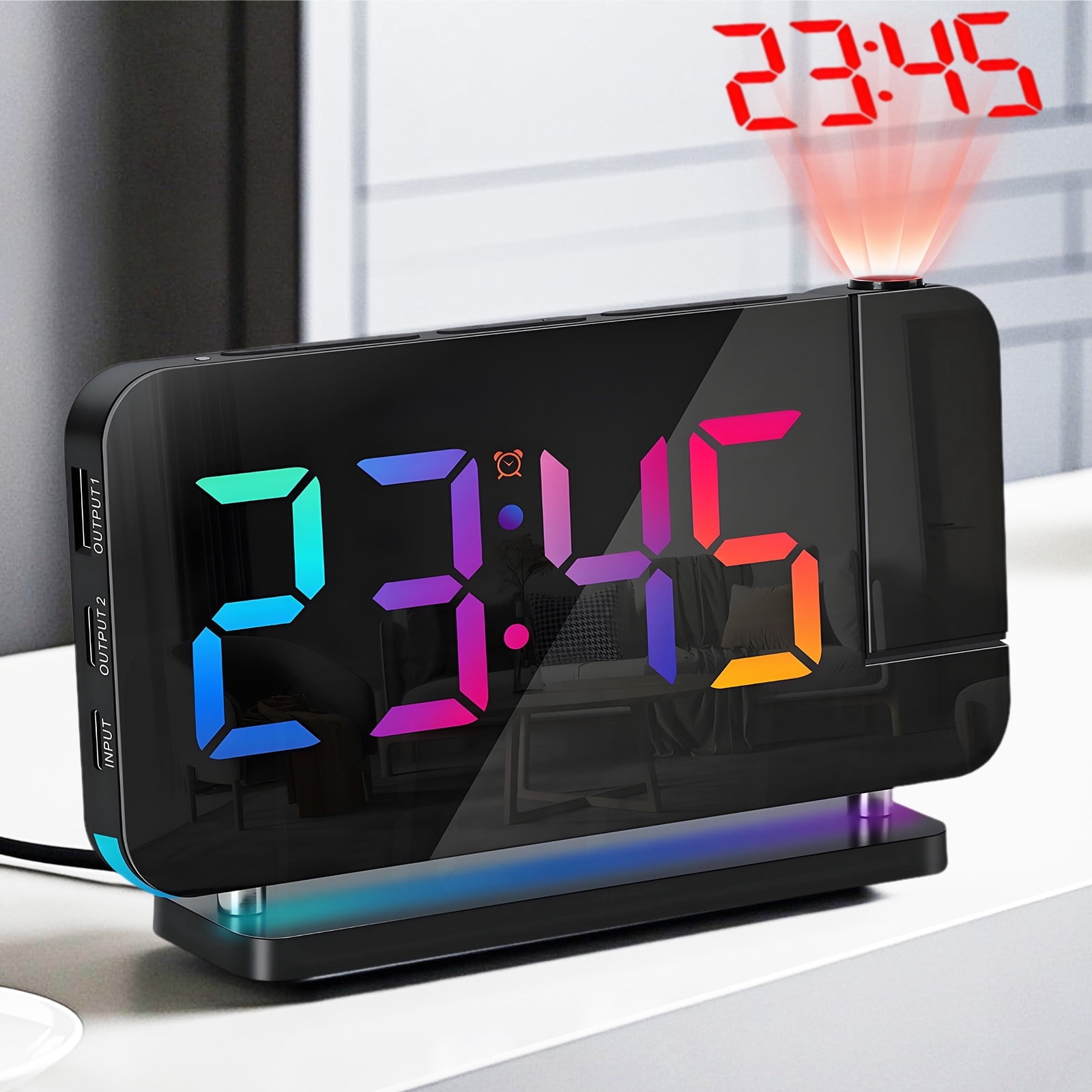 Syenll Projection Alarm Clock, 7.4 inch Large Digital Mirror Clock with Dual USB Charger Ports, 180° Rotatable Projector for Kids Bedroom Ceiling, Black