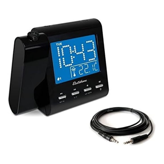 Projection Alarm Clock with AM/FM Radio, Battery Backup, Auto Time Set, Dual Alarm, Sleep Timer, Indoor Temperature/Day/Date Display & 3.5mm Aux Stereo Cable