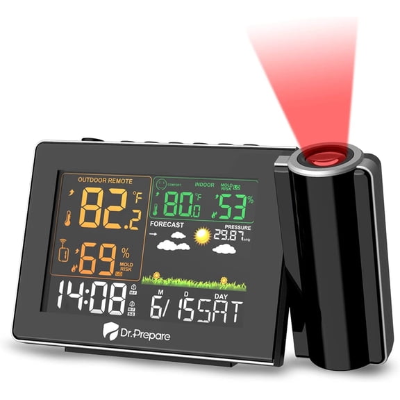 Projection Alarm Clock, Adjustable Projection Focus, Wireless Indoor Outdoor Temperature Humidity Monitor, 180 Projector, Snooze, Weather Forecast, Dual Alarms for Bedroom, Heavy Sleeper