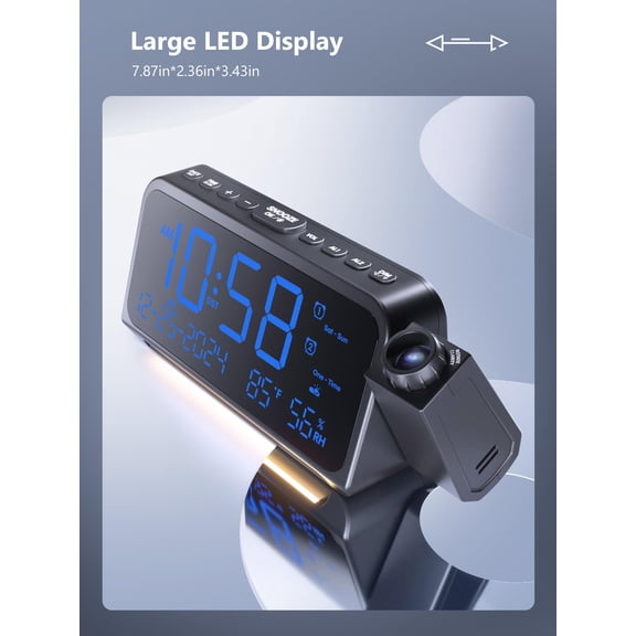 Projection Alarm Clock For Bedroom With 350° Rotatable Projector 5 Brightness Dual Weekday/weekend Mode Temp & Humidity Snooze Bedside Heavy Sleepers(blue)
