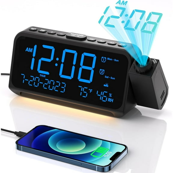 Projection Alarm Clock for Bedroom, Alarm Clock with 350 Rotatable Projector, 5 Brightness, Dual Alarm with Weekday/Weekend Mode, Temp & Humidity, Snooze, Bedside Alarm Clock