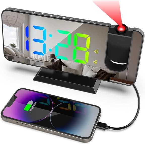 Projection Alarm Clock for Bedroom Ceiling,11 Colors RGB Digital Clock Large Display, 7.3'' Large Mirror Screen with Dual Alarm,5 Auto Dimmer,12/24H, Snooze,180Projector on Ceiling