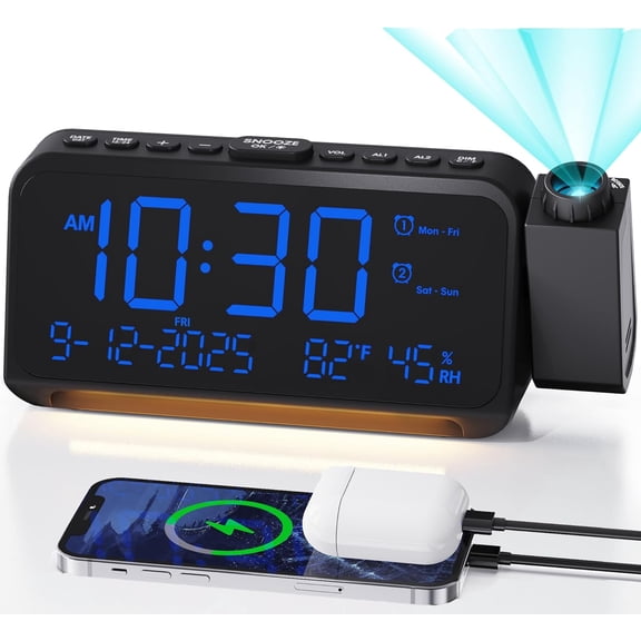 Projection Alarm Clock for Bedroom Ceiling, 118 dB Super Loud Heavy Sleepers, 6.7" Large Digital Dimmable Display with Day Date Indoor Temp Humidity, Dual Alarms Adjustable Volume