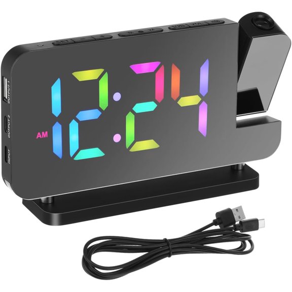 Projection Alarm Clock for Bedroom Ceiling, 180 Rotatable Time Projector with 10 Colors RGB Night Light, Digital Led Display Clock with USB Type C Charger Port for Elderly Heavy Sleepers