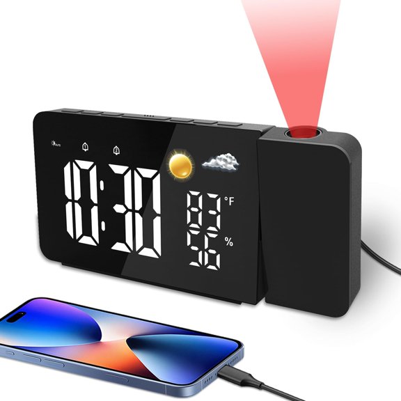 Projection Alarm Clock for Bedroom Ceiling, Digital Projection Clock with USB Port, Temperature, Humidity, Battery Backup, Adjustable Loud Alarm Clock for Heavy Sleeper, Rotatable Projector