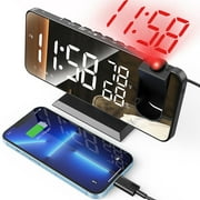 Projection Alarm Clock for Bedroom, Digital Alarm Clock Radio with USB Charger Ports, 7.3 Large LED Screen & 4 Adjustable Dimmer, Dual Alarm Clock with Temperature & Humidity Display, Snooze Black