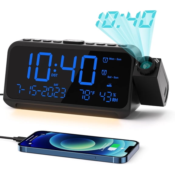 Projection Alarm Clock for Bedroom, Digital Clock with 180 Ceiling Projector, 5-Level Dimmer, Dual Loud Alerts, Night Light, Temp Humidity, Weekday/Weekend Mode, DST, Snooze, Blue