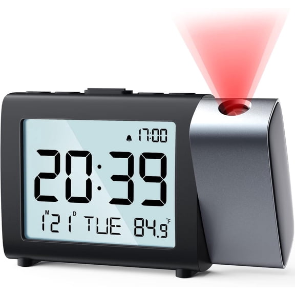 Projection Alarm Clock for Bedroom: Digital LCD Clock with Temperature Date Snooze 12/24H and Weekend Mode, Easy Set Dimmer Clock with 2-Levels Volume, Mains and Battery Operated