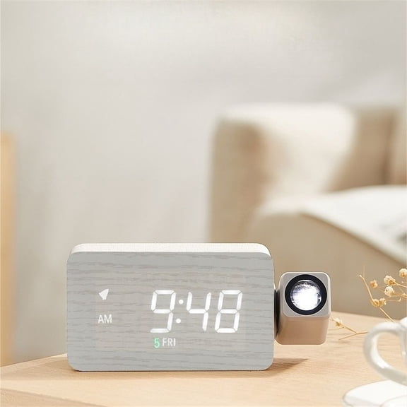 Projection Alarm Clock For Bedroom, LED Digital Clock Projects Time On Ceiling Or Wall, Date & Temperature Display, USB Powered, Silent Tick, Wood-Tone Nightstand Decor